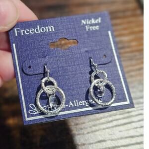 Freedom Silver-Tone Interlocking Rings w/ Clear Faceted Bead Dangle Earrings